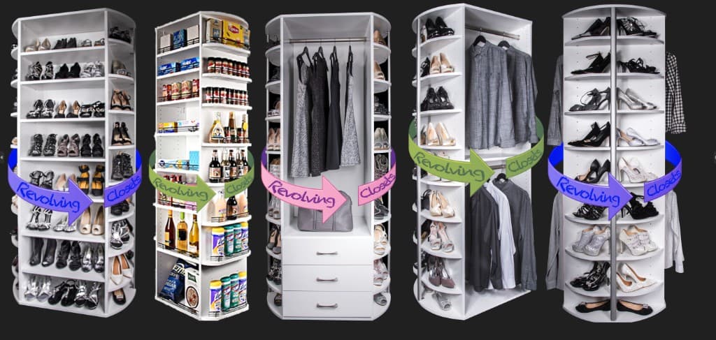 Revolving closet system lineup – motorized shoe rack, automated wardrobe organizer, and 360-degree closet carousel